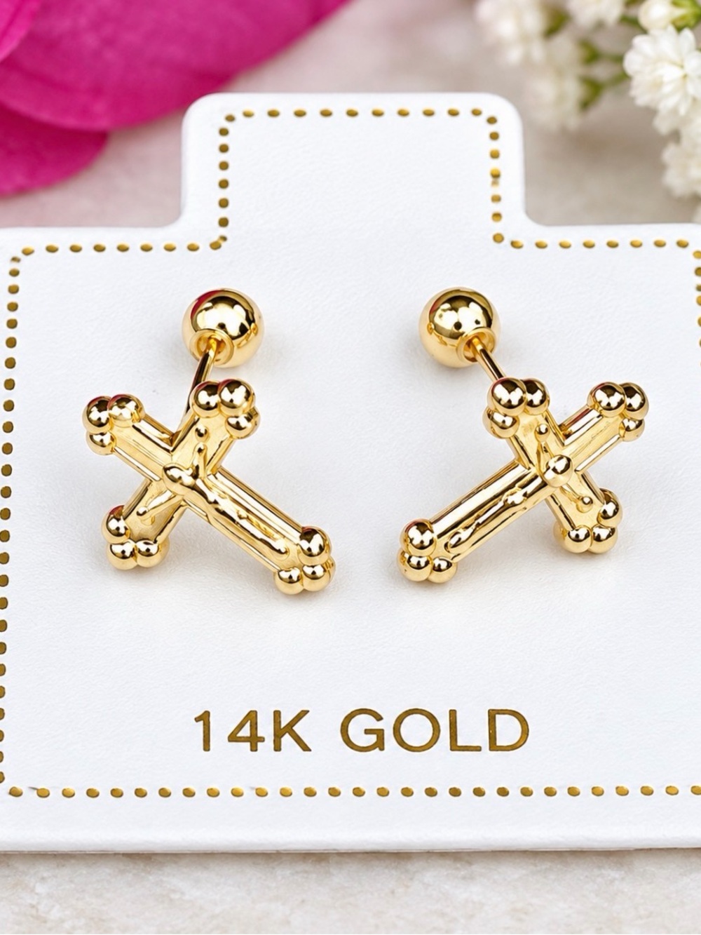 Solid Gold 14 Karat Yellow 6x11mm Religous Cross Stud Earring